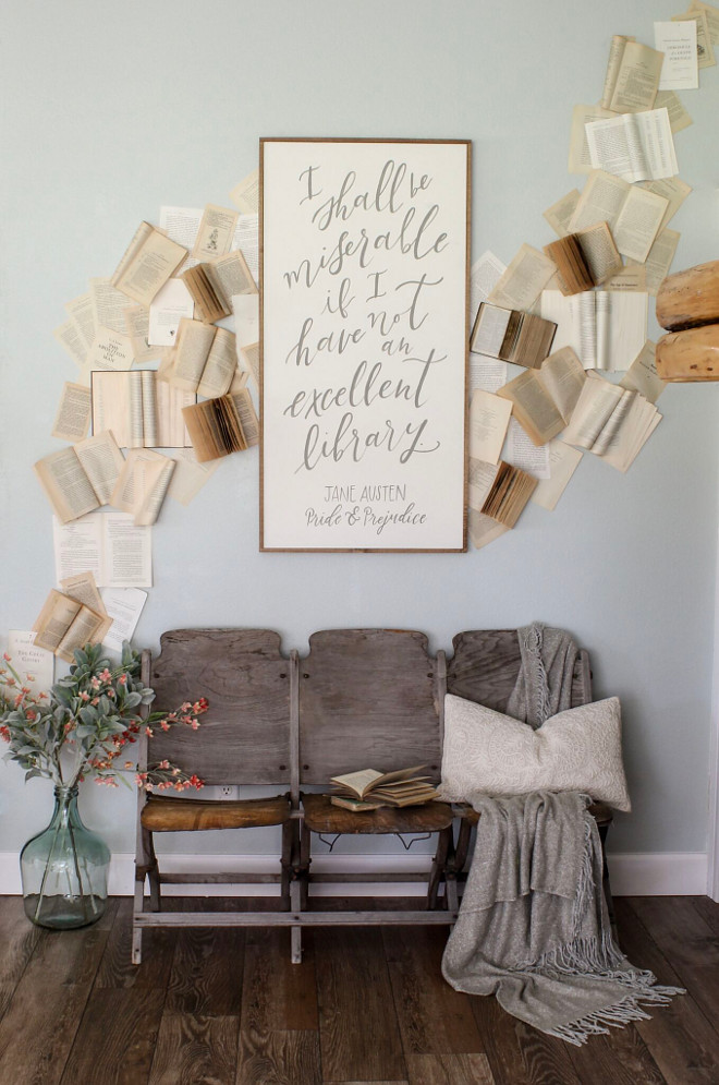DIY ideas. DIY book wall using vintage books / vintage theater chairs sourced locally. Wall paint color is Sherwin Williams Sea Salt. Sherwin Williams Sea Salt #DIYideas #SherwinWilliamsSeaSalt Home Bunch Beautiful Homes of Instagram @cottonstem