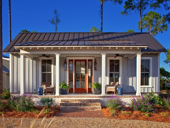 Benjamin Moore Wickham Grey. Small cottage with board and batten hardie boards custom painted in Benjamin Moore Wickham Grey #BenjaminMooreWickhamGrey Barefoot Interiors Lisa Furey