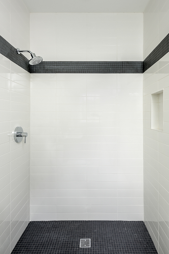 Black and White Shower Tile Black and White, Wall tiles are 4 x 16 subway tile Floor & accent tile is a classic black matte mosaic tile Shower Tile Combination Black and White Shower Tile #BlackandWhiteShowerTile #BlackandWhiteTile