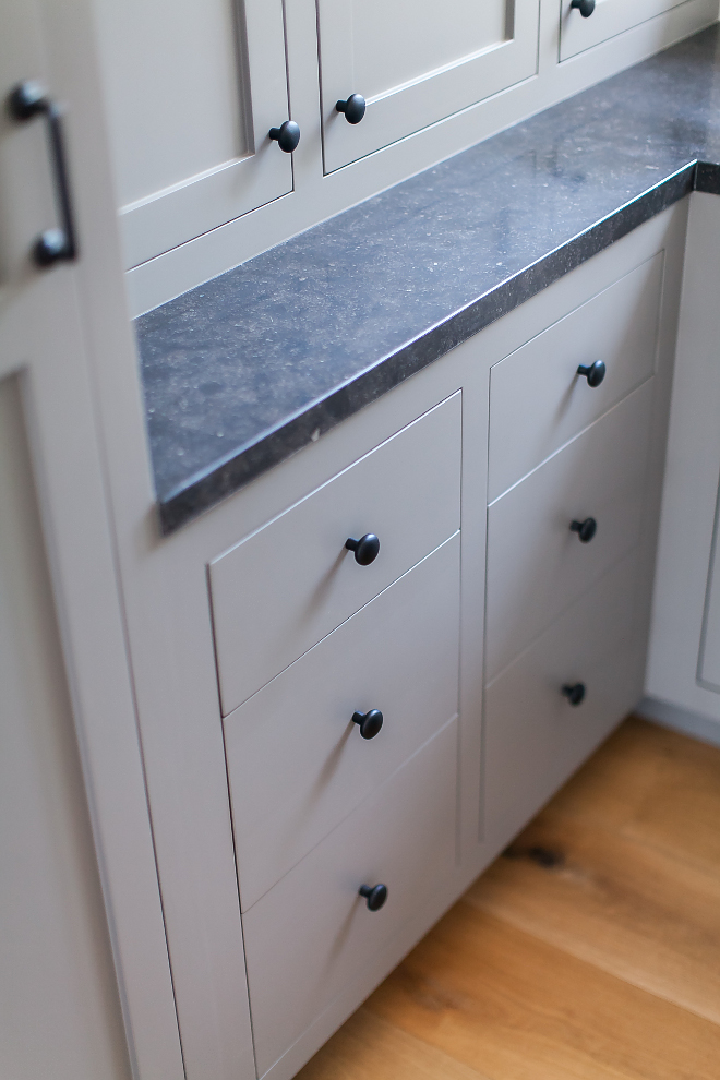 Black hardware on grey cabinet Cabinet hardware is Emtek - pulls and knobs