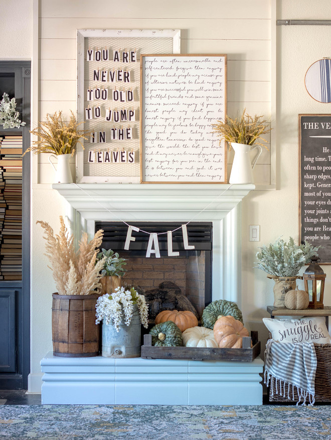 Farmhouse Fireplace Mantel Fall Decorating Ideas. Farmhouse Fireplace Mantel Fall Decor. Farmhouse Fireplace Mantel Fall Decor with pumpkins, art, vases, farmhouse sign art, shiplap and reclaimed wood. Farmhouse Fireplace Mantel Fall Decor Ideas. Farmhouse Fireplace Mantel Fall Decor @idreamofhomemaking