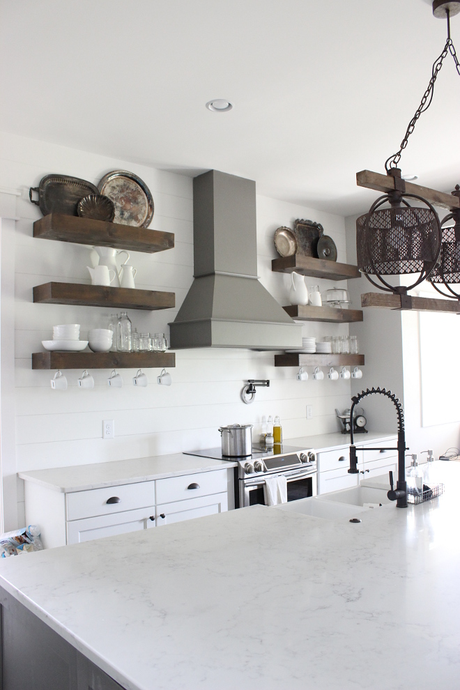 Farmhouse KItchen with Open Shelves and Bianco Marina Quartz Countertop #BiancoMarinaQuartz