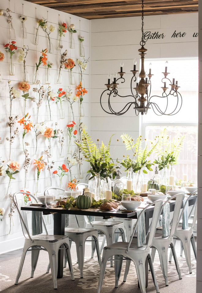 Farmhouse dining room. Farmhouse dining room with DIY Bottle Wall Vase. Farmhouse dining room with shiplap and DIY Bottle Wall Vase. Farmhouse dining room with DIY Bottle Wall Vases @idreamofhomemaking