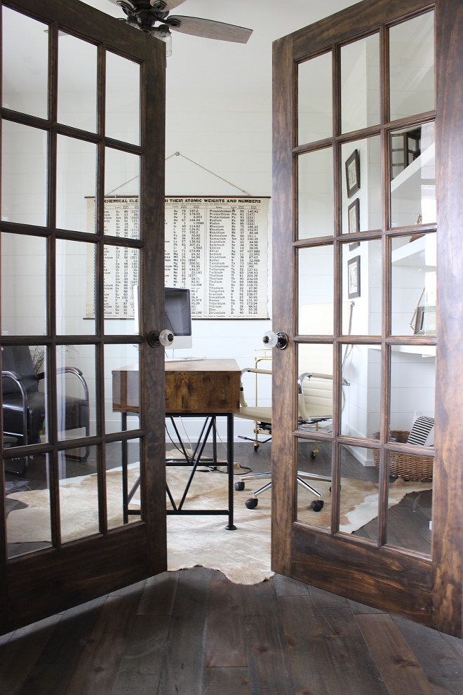 Home office door To the right upon entry is my husband's office Dark stained french doors with antique knobs welcome you into his more masculine modern office - Beautiful Homes of Instagram Home Bunch