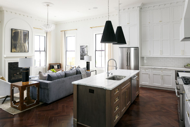 Kitchen Family Room Open Concept. The kitchen opens to the living room. The island is stained poplar, flush inset. Ramage Company