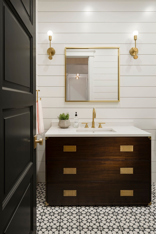 Modern Farmhouse Powder Room with shiplap paneling and cement floor tile. This powder room features a stunning custom vanity with white quartz countertop, shiplap walls and cement tile. The cement tile is Estrella Black Pattern #ModernFarmhouse #PowderRoom #shiplap #paneling #cementfloortile A Finer Touch Construction