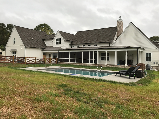 Modern Farmhouse backyard with pool Our backyard is also a favorite, especially for the boys. We installed a pool during construction and we have already gotten our money's worth out of the summer fun it brought