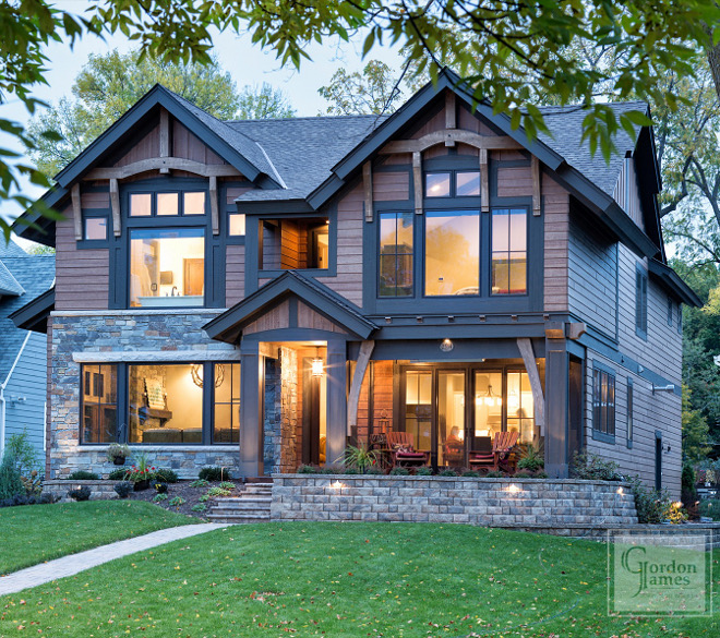 Modern farmhouse exterior with LP SmartSide Siding color Chestnut. Gordon James Construction