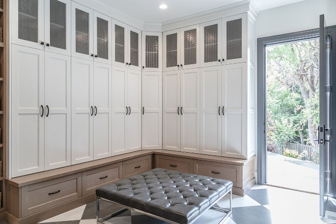 Mudroom cabinet. Mudroom cabinet painted in Benjamin Moore White Dove and combination of white oak