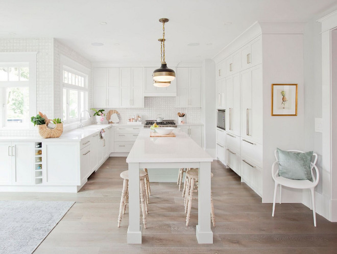 Narrow kitchen island. White Kitchen with narrow and long kitchen island with square legs. Narrow kitchen island Jeffrey Court Inc