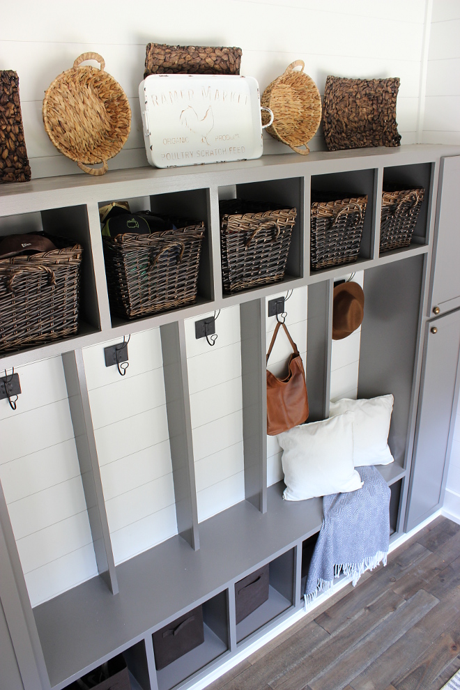 Sherwin Williams Gauntlet Gray Farmhouse Mudroom with Grey cabinets painted in Sherwin Williams Gauntlet Gray and shiplap #SherwinWilliamsGauntletGray