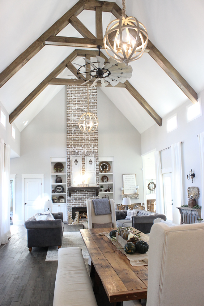 Cathedral ceiling living room Sherwin Williams Respose Gray Our living room is the heart of our home. We based every room off of this long central area. The wall color in our entire home is Repose Gray, by Sherwin Williams The living room ceilings are cathedral height at 24 feet and our brick fireplace #sherwinwilliams #reposegray #cathedralceiling #livingroom Beautiful Homes of Instagram Home Bunch