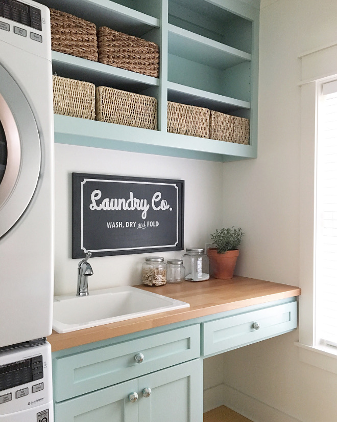Sherwin Williams Waterscape Laundry room cabinet paint color is Sherwin Williams Waterscape