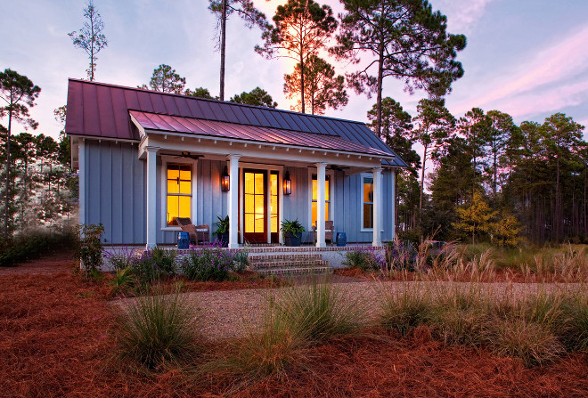 Small cottage with front porch. This small cottage is about 690 sq feet. #smallcottage Barefoot Interiors Lisa Furey