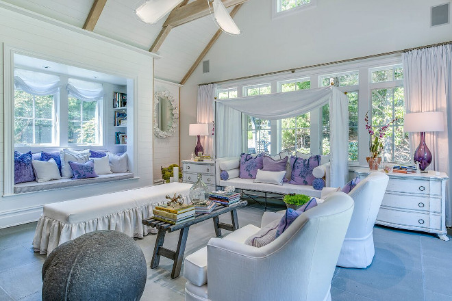 Sunroom, White sunroom with lavender decor