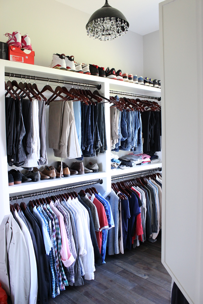 Walk in closet lighting Off the bath is our walk-in closet. We went with custom shelving throughout. All the trim in our home is Sherwin Williams Alabaster White, which mimics the outside paint color. The sparkling chandelier above was an extra fun add on to the closet as well Beautiful Homes of Instagram Home Bunch @crateandcottage