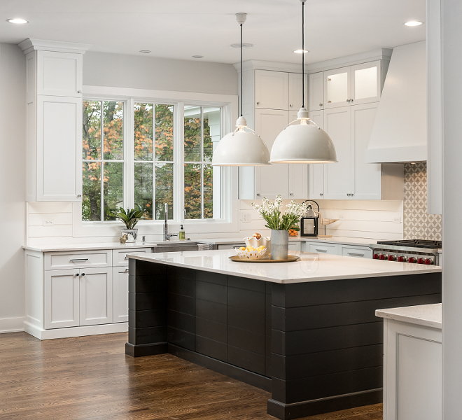 White kitchen with black shiplap island White kitchen with black shiplap island White kitchen with black shiplap island