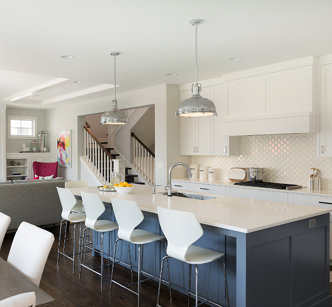 Blue kitchen island with white quartz countertop White quartz countertop constrast with the blue island