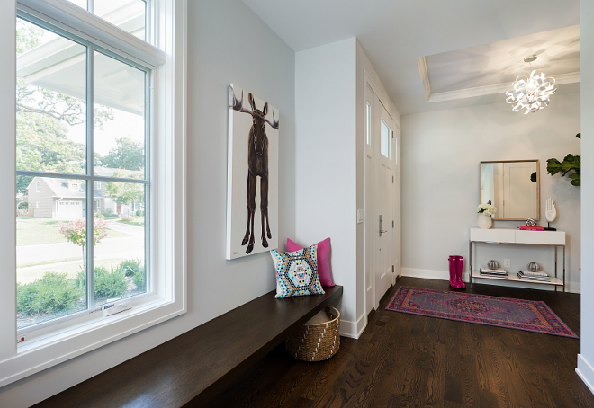 Foyer with built in bench Foyer features a long built-in bench