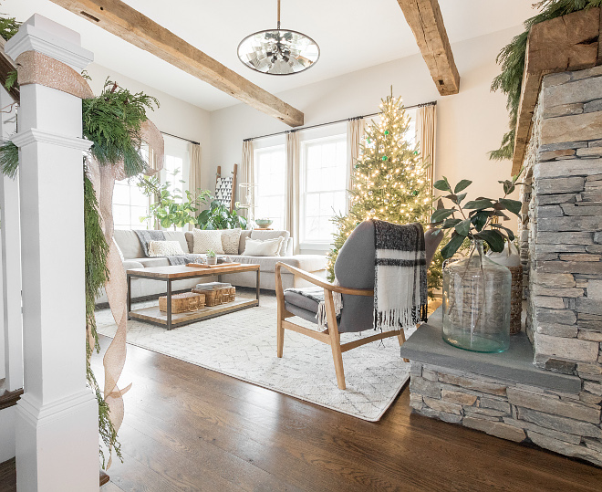 Living room ceiling beams and stone fireplace Combination of natural stone and reclaimed wood Living room #livingroom #beams #stone Home Bunch Beautiful Homes of Instagram