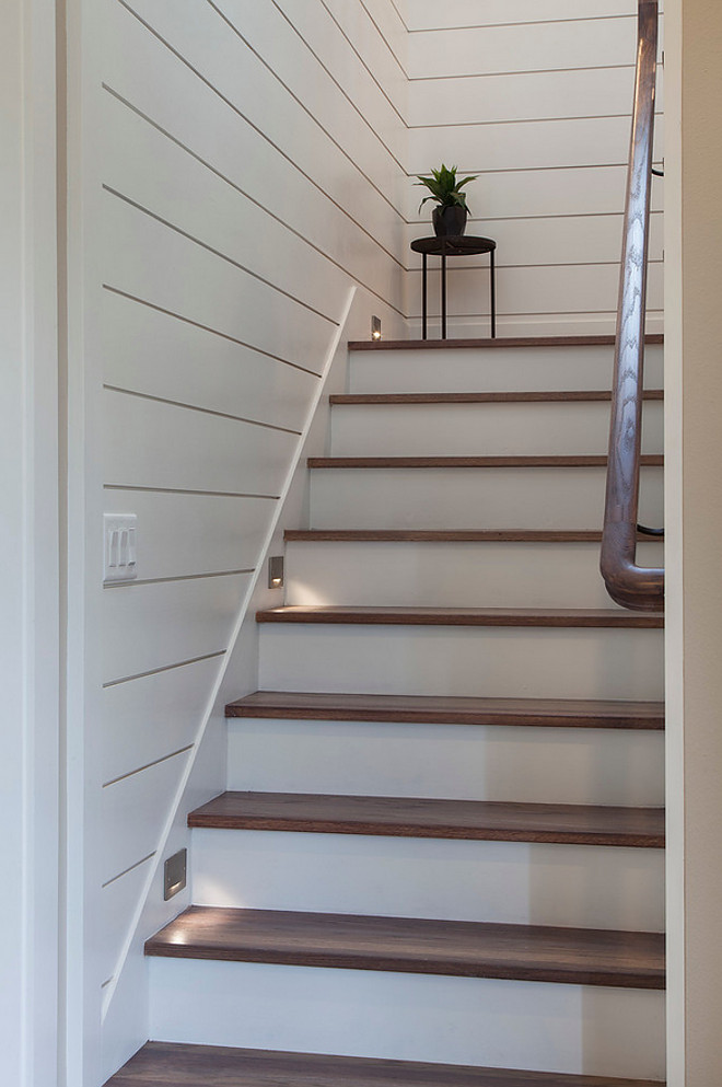 Shiplap staircase Shiplap staircase Shiplap staircase with lights and White Oak Threads Paint Color is Sherwin Williams Pure White #Shiplap #staircase Home Bunch