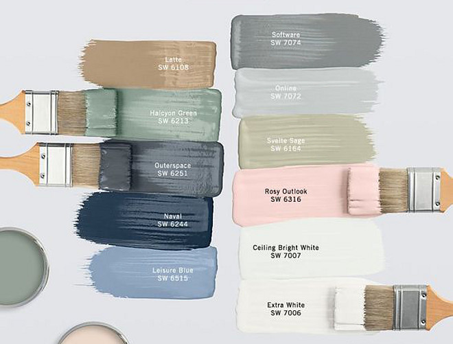 Beautiful Paint Colors Beautiful paint color ideas Latte SW 6108 by Sherwin Williams, Halcyon Green SW 5213 by Sherwin Williams, Outerspace SW 6251 by Sherwin Williams, Naval SW 6244 by Sherwin Williams, Leisure Blue SW 6515 by Sherwin Williams, Software SW 7074 by Sherwin Williams, Online SW 7072 by Sherwin Williams, Svelte Sage SW 6164 by Sherwin Williams, Rosy Outdlook SW 6316 by Sherwin Williams, Ceiling Bright White SW 7007 by Sherwin Williams, Extra White SW 7006 by Sherwin Williams