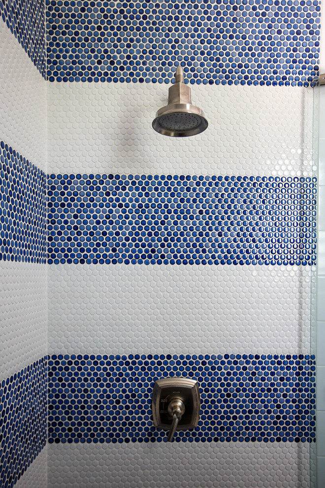 Blue and white penny tile Shower striped penny tile shower tile penny tile blue and white striped tile