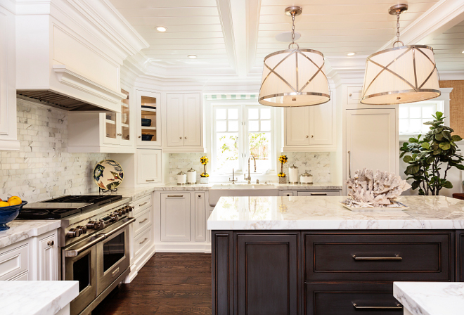 Classic Coastal Kitchen with tongue and groove coffered ceiling