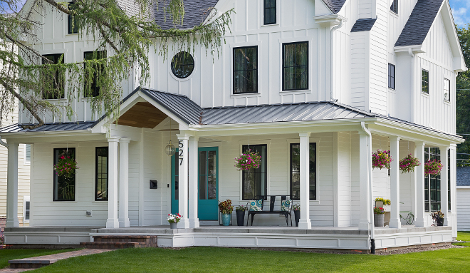 Front Porch Modern Farmhouse Front Porch Modern Farmhouse Front Porch Board and Batten farmhouse porch wrap around porch Siding is James Hardie Arctic White