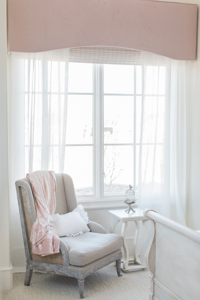 Girl Bedroom Drapery Girl Bedroom Custom blush velvet cornice, white sheer drapes over a white and cream woven wood shades Drapery Girl Bedroom Drapery Girl Bedroom Drapery #GirBedroomDrapery