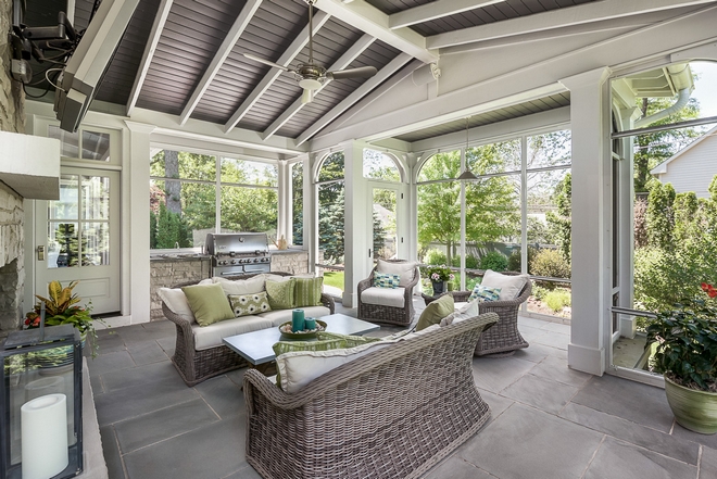 I absolutely love this screened-in porch Notice the architectural details Tile is Bluestone