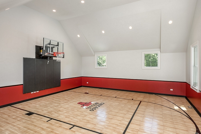 Chicago Bulls Paint Colors Sport Court Paint Color - Upper walls / ceilings: Benjamin Moore Paper White OC 55. Black stripe / top of black 36" from floor: Benjamin Moore Black Jack 2133-20. Under black stripe / Red Color: Benjamin Moore Caliente AF - 290