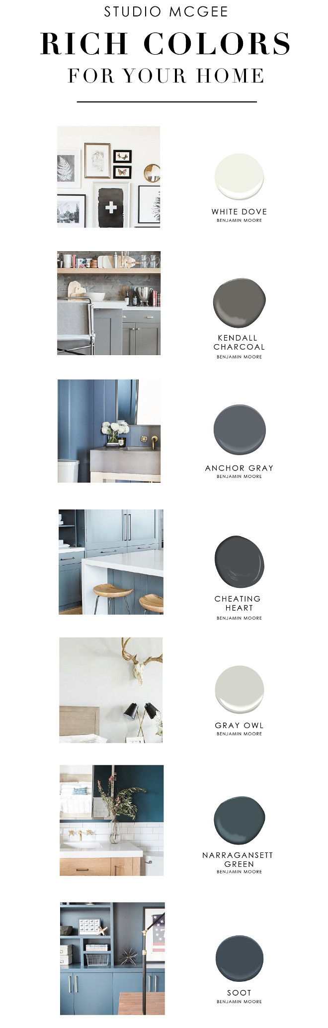 New and Fresh Paint Colors for your Home White Dove by Benjamin Moore, Kendall Charcoal by Benjamin Moore, Anchor Gray by Benjamin Moore, Cheating Heart by Benjamin Moore, Gray Owl by Benjamin Moore, Narragansett Green by Benjamin Moore