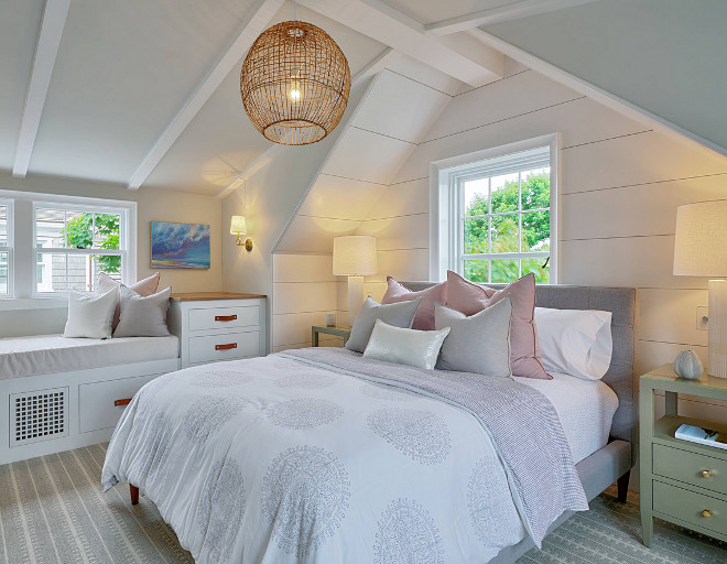 Shiplap Coastal Bedroom Shiplap Coastal Bedroom Shiplap This coastal bedroom features vaulted ceiling, shiplap walls and a fresh color palette mixing greys, mossy greens with pale pink Coastal Bedroom Coastal Bedroom