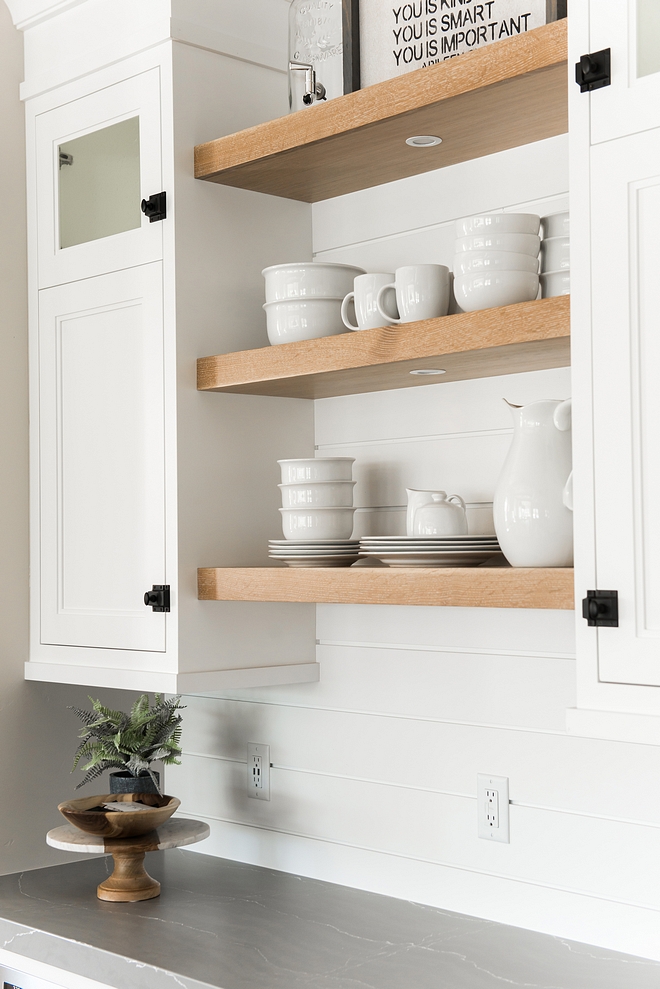 Kitchen Bar Cabinet with White Oak Floating Shelves and shiplap backsplash Kitchen Bar Cabinet with White Oak Floating Shelves Kitchen Bar Cabinet with White Oak Floating Shelves