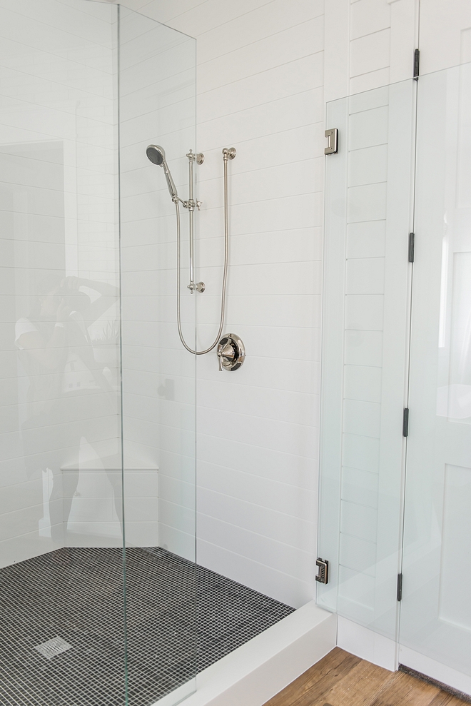 Shiplap Shower The builder used Corian sheets and then routed the lines to match shiplap