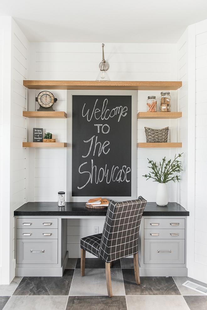 Custom grey built in desk painted in Benjamin Moore Ozark Shadows, white oak floating shelves and shiplap walls