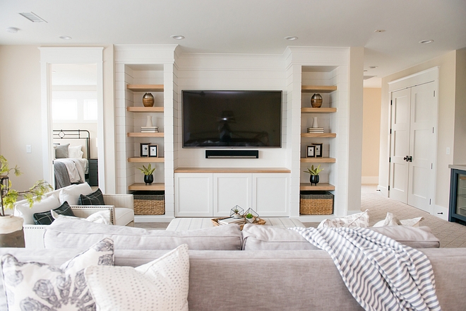 Family room built-in inspiration with shiplap and white oak floating shelves Family room built-in inspiration Family room built-in inspiration