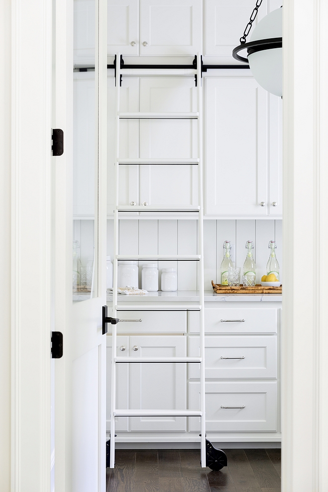 The library ladder can be moved throughout the pantry, kitchen, and mudroom How great is that ladder