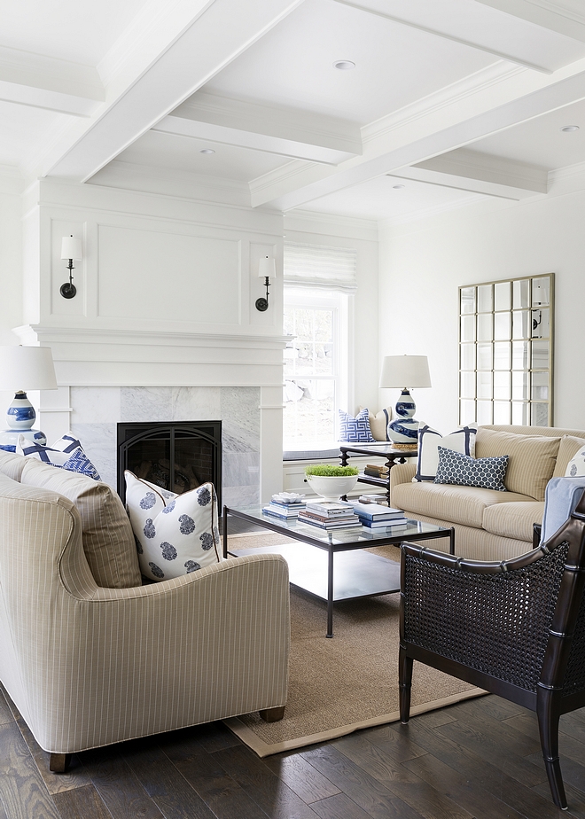 Great Room Coffered Ceiling Great Room The great room features hidden TV panel over fireplace and enameled coffered ceiling Coffered Ceiling Ideas Great Room Coffered Ceiling