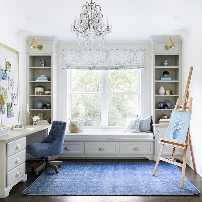 White home office painted in Benjamin Moore OC-45 and grey cabinets painted in Benjamin Moore HC-172