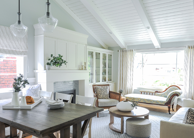 Benjamin Moore Cloud White False beams and 6’ tongue in groove paneling painted in Cloud White by Benjamin Moore