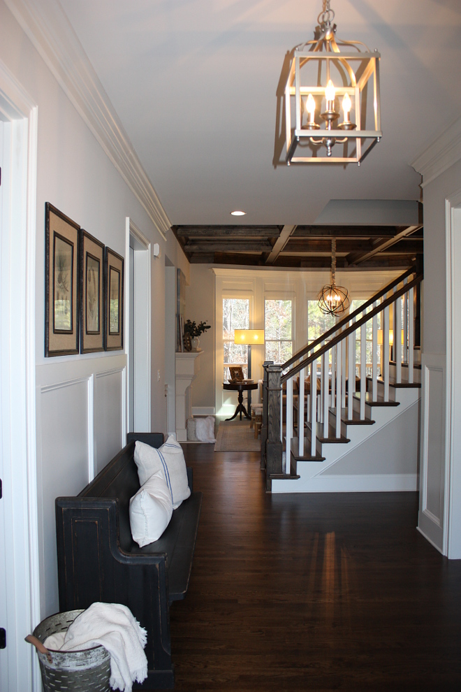 Dark stained hardwood floor Dark stained hardwood floor Throughout the home, the hardwood is 2.25" site finished red oak hardwood in Jacobean