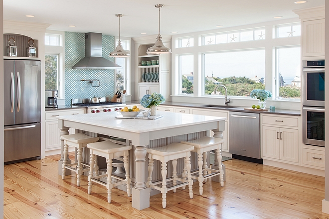 Coastal kitchen island cabinet ideas Island Cabinetry: Framed Inset Door-style Beadboard Painted Maple Pewter with Black Glaze slab top drawers and five-piece overlays on bottom drawers