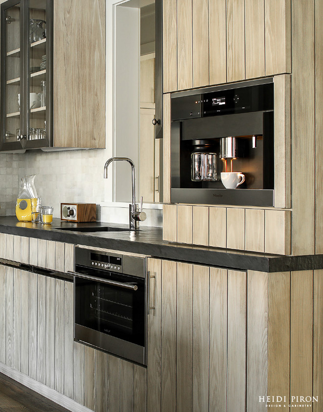 Farmhouse Kitchen Coffee Station Since the designer swapped out the standard wall oven for steam, she was also able to add a built-in Miele coffeemaker