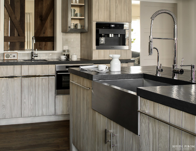 Farmhouse Kitchen with plank cabinets and thick mittered countertop