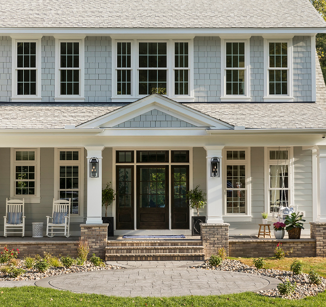 Grey shingle home exterior with brick Grey shingle home exterior with brick pirch steps #brick #exterior