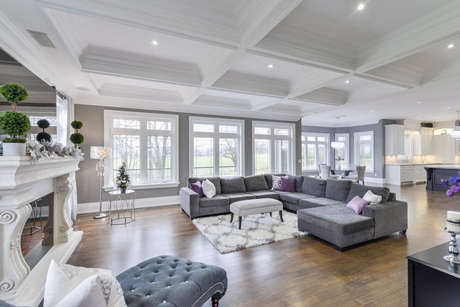 Coffered ceiling 10 ft Coffered Ceiling Plaster crown mouldings / Paint SW 7627 White Heron by Sherwin Williams I wanted to add a dramatic and luxurious statement to our family room so we decided to add a coffered ceiling