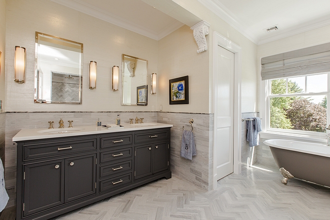 Master bathroom features a Restoration Hardware Kent Double vanity, RH Rivet Medicine Cabinets and RH sconces