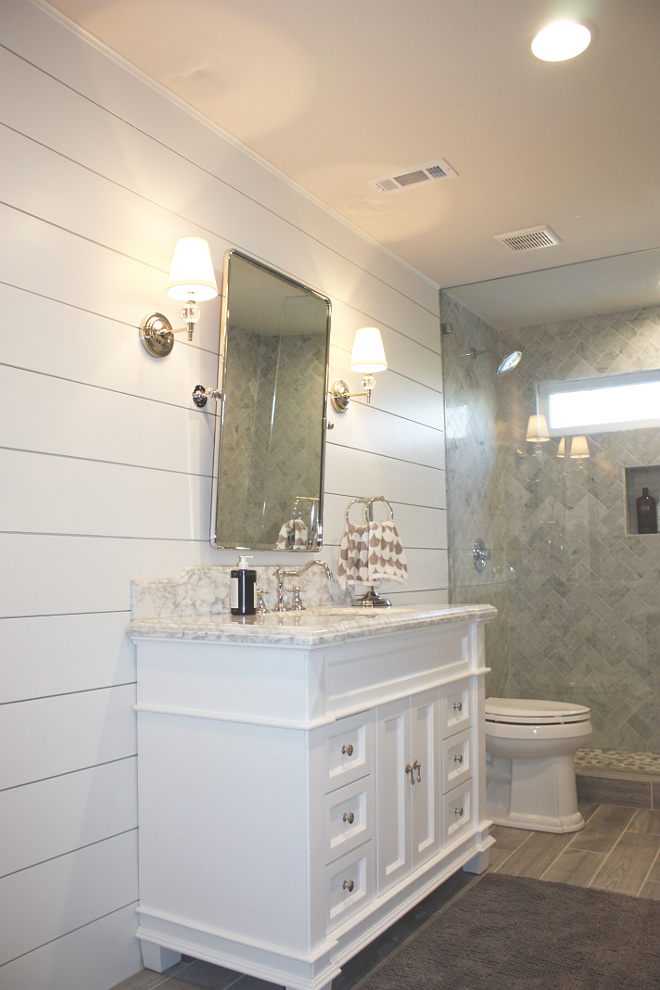 Shiplap Bathroom painted in Sherwin Williams Pure White Shiplap Bathroom Shiplap Bathroom